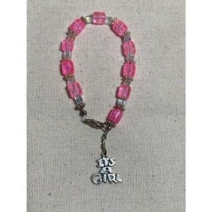 It's a Girl Bracelet - Sterling Charm with Pink & Clear Beads - Handmade